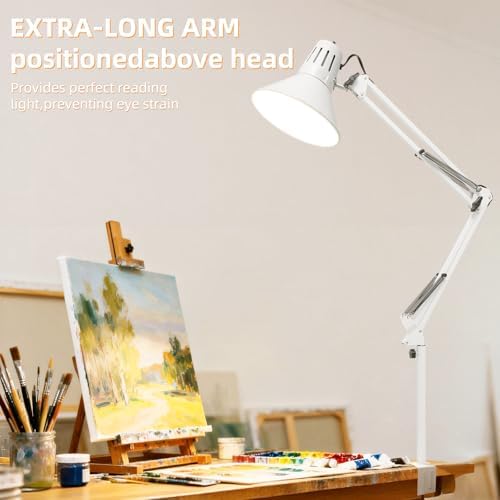 White Desk Lamp with Clamp, Extra-Tall Adjustable Metal Swing Arm, 3000K - Image 2