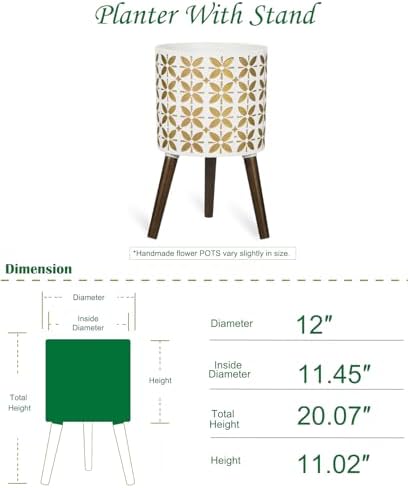 nacltlo12 Inch Planter with Stand, Plant Stand Indoor, Plant pots, Modern Mid-Century,Large Flower Planter Pot with Drainage Holes for Outdoor,White and xGold - Image 2