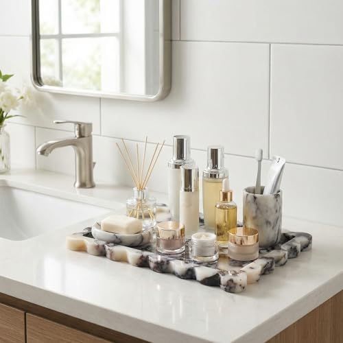 Genuine Scalloped Marble Tray 11.8"x7.8", Non-Slip Fluted Vanity Tray for Bathroom & Kitchen, Modern Organic Stone Catchall Dish for Keys, Candle, Jewelry, Decorative Serving Tray (Calacatta Viola) - Image 5