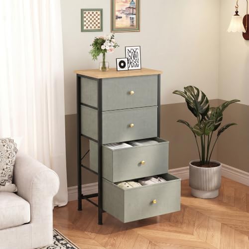 DUMOS Nightstand with 4 Drawers, Bedside Table with Removable Fabric Bins, Sturdy Steel Frame Wood Top Organizer Furniture for Bedroom Closet Living Room, Ink Green - Image 3