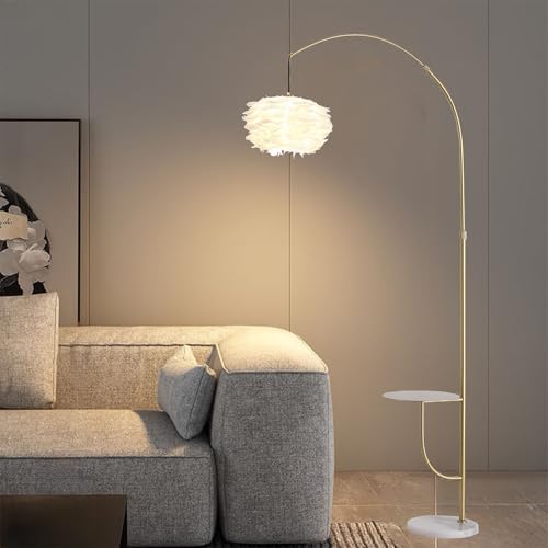 Arc Floor Lamp with Side Table, White Feather 3 Color Temperature Standing Light, Modern Minimalist Reading Lamp for Living Room Bedroom Sofa Bedside by KardleenFocusOnIndoorLight
