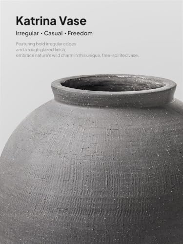 Black Ceramic Vase - Large 12.5 Inch Round Floor Vase for Centerpieces, Farmhouse Flower Vases, Rustic Minimalist Home Decor,Sandstone Dark Grey - Image 5