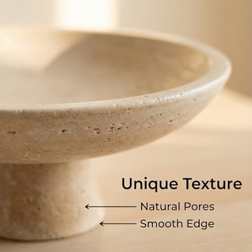 Natural Travertine Decorative Bowl - 10" Small Oval Pedestal Catchall Tray - Handcrafted Beige Footed Stone Centerpiece for Entryway, Coffee Table, or Kitchen (Japandi Style) - Image 4