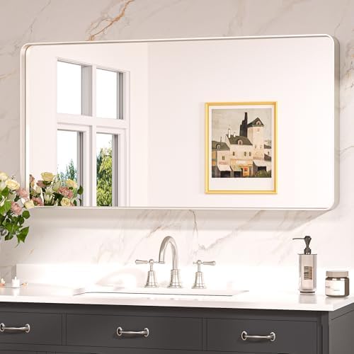 Keonjinn 42 x 20 Inch Brushed Nickel Bathroom Mirrors for Over Sink by Keonjinn