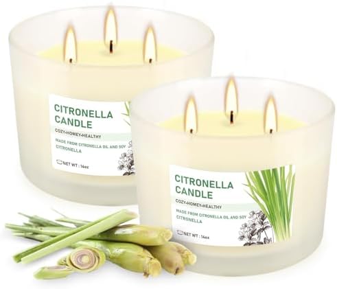 Citronella Candle Set of 2, 14oz Frosted Jar Triple-Wick, Clean & Smokeless for Outdoor Patio, Garden, Deck, Porch Ambiance with Natural Citronella Scent by Grcdoyvl