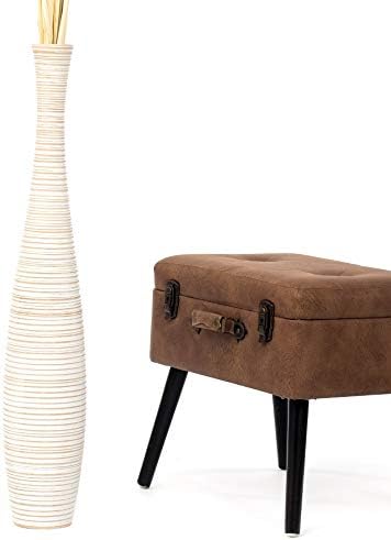 Leewadee Large White Wash Home Decor Floor Vase – Wooden 34 inches Tall Farmhouse Decor Flower Holder for Fake Plant and Pampas Grass by Leewadee