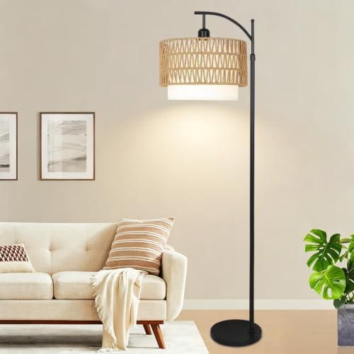 ZECOXOL Arc Floor Lamp for Living Room Boho Floor Lamps with Remote Control & with 3 Color Temperatures,Rattan Wicker Standing Lamp Dimmable Tall Floor Lamp for Bedroom Living Room Corner - Image 3