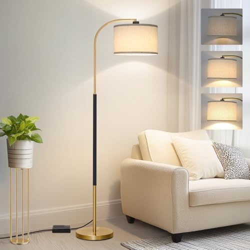 Dimmable Floor Lamp for Living Room, Arc Floor Lamps with Adjustable Drum Shade Pedal Switch, Black and Gold Tall Standing Lamp with 9W LED Bulb, Modern Reading Light Pole Lamp for Bedroom, Office by Boncoo