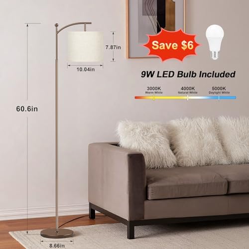 Ambimall 60" Floor Lamp for Living Room with 3 Color Temperatures, Adjustable Beige Shade with Brown Pole, Tall Lamp for Bedroom Office Classroom Dorm Room, 9W Bulb Included - Image 2