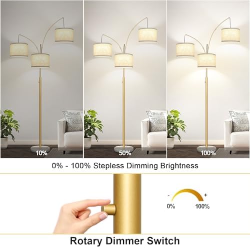 Dimmable Floor Lamp - 3 Lights Gold Arc Floor Lamps for Living Room, 1000LM Modern Tall Standing Lamp with White Shade&Marble Base, Mid Century Tree Floor Lamp for Bedroom Office, 3 LED Bulbs Included - Image 3