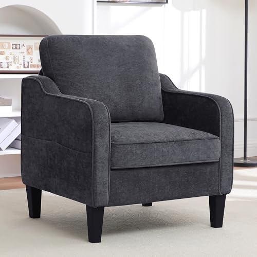 Accent Chair for Living Room, Mid Century Modern Reading Chair for Bedroom, Upholstered Armchair with Side Pockets, Comfy Single Sofa Side Chair for Office, Apartment, Small Room, Dark Grey by choairy
