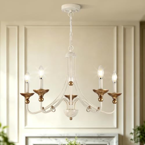 Sigaitwei 5‑Light French Country Candle Chandelier, Distressed Off‑White with Antique‑Gold Accents, Pendant Hanging Light Fixture for Dining Room, Foyer, Bedroom, E12 Base by SigaitweiLighting