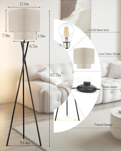 Lightdot Black Tripod Floor Lamp, Modern Floor Lamps for Living Room, Standing Lamp with Dual Drum, E26 Bulb Included, 67.7" Tall Floor Lamp for Bedroom, Home Office - Image 2