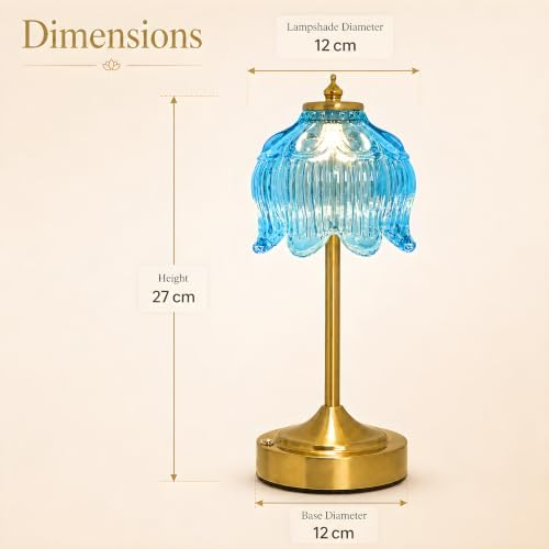 Lotus Flower Table Lamp, Cordless Rechargeable Amber Glass Bedside Lamp | 3600mAh Battery, Touch Control, 3 Color Modes & Stepless Dimming for Bedroom, Nightstand Lake Blue 1PC - Image 4