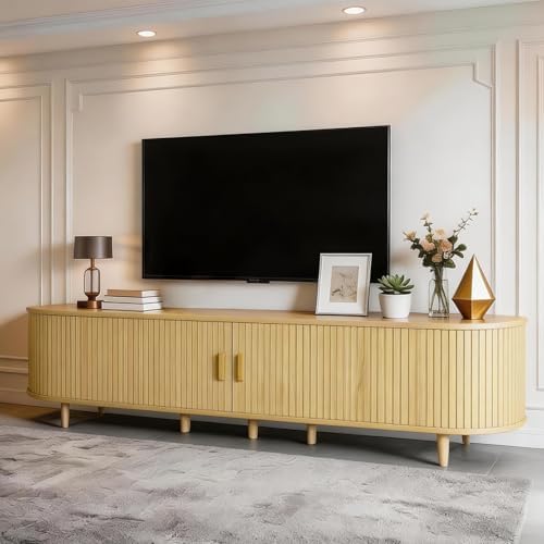 MXV 80" Mid-Century Modern TV Stand with Sliding Doors, TV Consoles with Power Outlet, Fluted Entertainment Center with Adjustable Shelves, for Living Room by Unknown