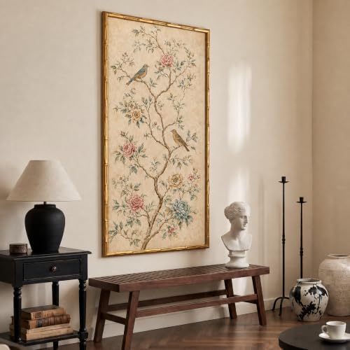 InSimSea Gold Bamboo Framed Wall Art, Asian Bird Flower Prints, 20x40In - Image 7