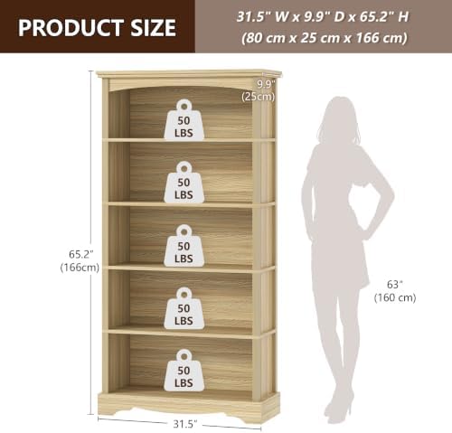 TVU 5-Tier Wooden Bookshelf, 65 Inch Tall Bookshelf with Storage, Floor Standing Modern Style Display Bookcase for Living Room, Office, Study Room, Entryway, Natural Wood Color - Image 2
