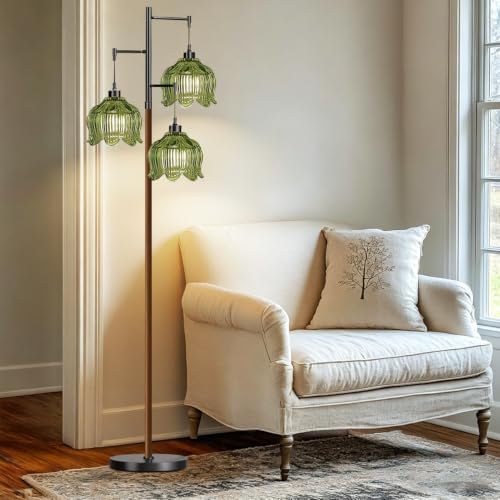 QIYIZM Glass Floor Lamp for Living Room,Bedroom,Stained Green Mid Century Modern Standing Lamp Wood Tree 3 Light Tall Floor Lamps Vintage Retro Black Floor Lights Flower LampShade Boho Bohemian - Image 2