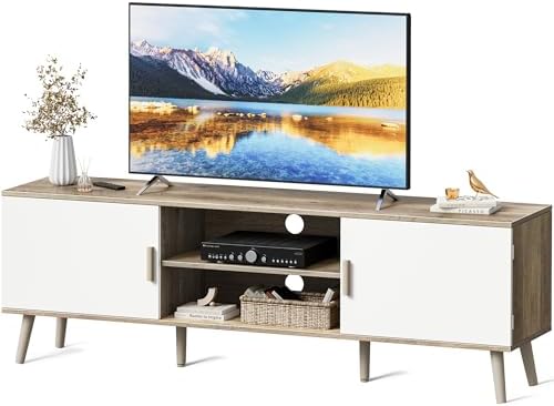 SUPERJARE TV Stand for 55 Inch TV, Entertainment Center with Adjustable Shelf, 2 Cabinets, TV Console Table, Media Console, Solid Wood Feet, Cord Holes, for Living Room, Bedroom, Gray and White by SUPERJARE