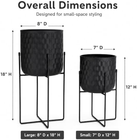 TRIROCKS Set of 2 Metal Planters with Stand, Small Indoor Plant Pots 8" D x 18" H & 7" D x 12" HModern Decorative Flower Pots for Living Room, Entryway, Office, Balcony(Black) - Image 2