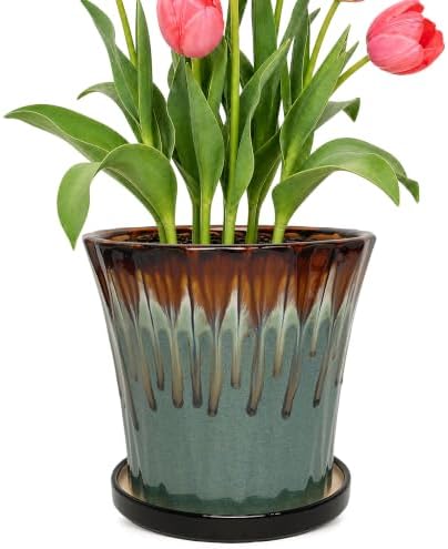 8.3 Inch Ceramic Planters with Drainage Hole and Saucer,Indoor Outdoor Large Flower Pots, Garden Pot for Plant Lovers (Drip Blue) by Unknown