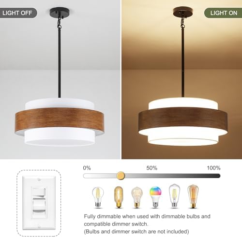 20'' Farmhouse Chandelier, 5-Light Drum Chandelier Round Pendant Light Fixture with Fabric Shade, Wood Grain Rustic Chandeliers for Dining Room Bedroom Living Room Foyer Entryway - Image 4
