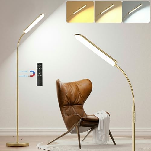 Yikuneng Dimmable LED Floor Lamp, Super Bright Reading Lamps Floor Standing lamp with Remote & Touch Control, Stepless Dimming & 2700K-6500K Color Temperature, for Living Room Bedroom Office, Gold by Yikuneng