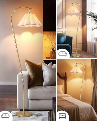 Floor Lamp with Pleated Linen Lampshade, Modern Flower Floor Lamp for Living Room Arc Standing Lamp, Gold Tall Lamp for Bedroom Office Dining Room, Bulb Included (Gold + Flax Color, 66.1IN) - Image 3
