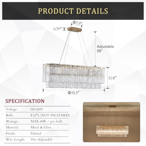 CATINER 35.5" Rectangle Crystal Glass Chandelier 6-Light Gold Chandeliers - Image 3