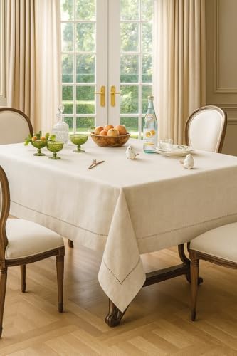 Fennco Styles Toscana Contemporary Hemstitched Linen Blend 65 x 140 Inch Table Cloth for Dinner Table, Parties, Wedding Decorations, Natural by FenncoStyles