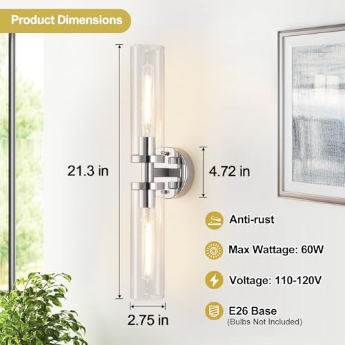 Indoi Wall Sconces Set of Two, Hardwired Chrome Bathroom Sconces Wall Lighting with Clear Glass, Modern Sconces Wall Decor Set of 2 Bathroom Light fixtures for Mirror Living Room Hallway Bedroom - Image 4