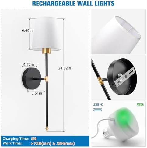NIORSUN Battery Operated Wall Sconce Set of 2,Gold-Black Rechargeable Wall Lights with 10400mAh Dimmable Bulbs and Remote,9 Colors Wireless Wall Lamps for Bedroom Living Room Hallway Decor - Image 6