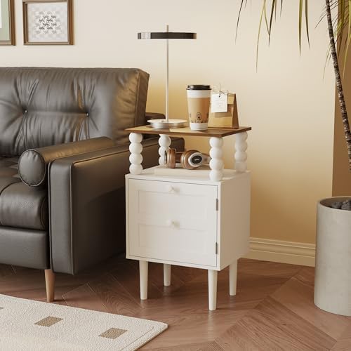Veegle White Nightstand,Mid-Century Modern Bedside Table with Storage Drawer and Open Wood Shelf, for Bedroom and Small Spaces,Night Stand with Solid Wood Legs (White) - Image 4
