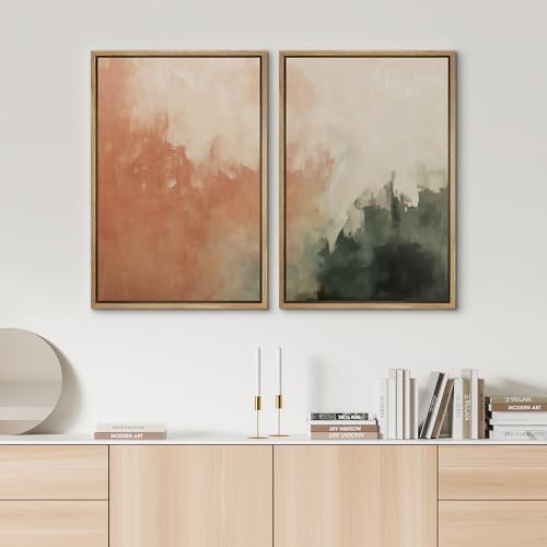 SIGNWIN Framed Canvas Print Wall Art Set Color Fade Abstract Landscape Earthy Terracotta and Forest Green Illustrations Modern Minimal Decorative for Living Room, Bedroom, Office - 24""x36""x2 Natural - Image 3