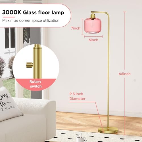 66" Dimmable Gold Standing Lamp with Pink Ribbed Glass for Living Room - Image 4