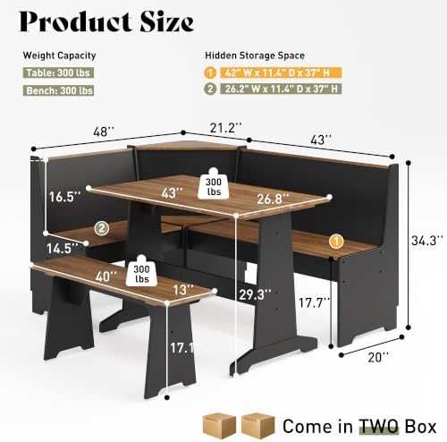 AMERLIFE 3-Piece Breakfast Nook Dining Set with Storage, Black Oak - Image 2