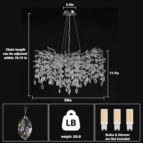 30" Modern Crystal Chandelier, 10-Light Silver Tree Branch Chandeliers, Luxury Round K9 Crystal Raindrop Chandelier Pendant Lighting for Dining Room, Living Room, Foyer, Entryway, Kitchen, Bedroom - Image 5