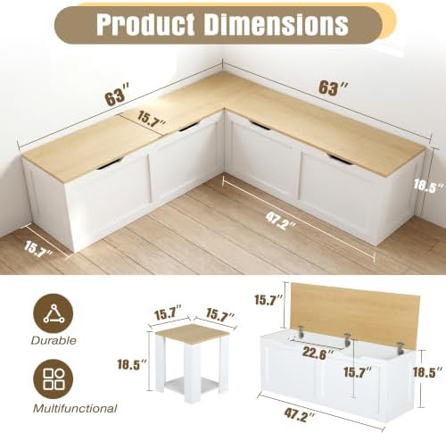Grepatio 63" L Shaped Storage Bench, Breakfast Nook Bench with Hidden Storage, Wooden Corner Dining Benches Seating, Breakfast Nook Table Set for Entryway, Dining Room, Kitchen (Oak and White) - Image 2