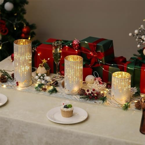 Starry Night Hurricane Candleholders with Warm LED Lights & Remote Timer, Elegant Twinkling Decorative Centerpieces for Wedding, Dining Table, Living Room, Mantel Décor, Set of 3 (White) - Image 2