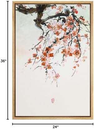 NWT Framed Canvas Print Wall Art Japanese Style Cherry Blossoms on Tree Branch Floral Plants Illustrations Modern Art Rustic Scenic Colorful Pastel for Living Room, Bedroom, Office - 24"x36" Natural - Image 6