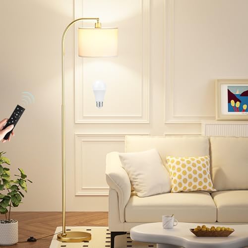 Ambimall Arc Floor Lamp with Remote and Stepless Dimmable Bulb, Colors Temperature & Brightness Adjustable, Floor Lamps for Living Room(White Shade & Gold Pole) by Ambimall