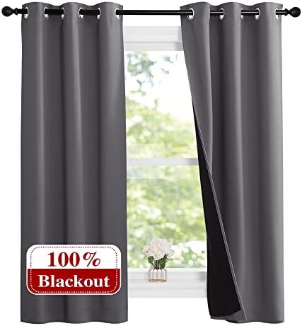 NICETOWN 100% Blackout Short Curtains with Black Liners, Solid Thermal Insulated Full Blackout 2-Layer Lined Drapes, Energy Efficiency Window Draperies for Bedroom (2 Panels, 37" W by 63" L, Grey) by NICETOWN