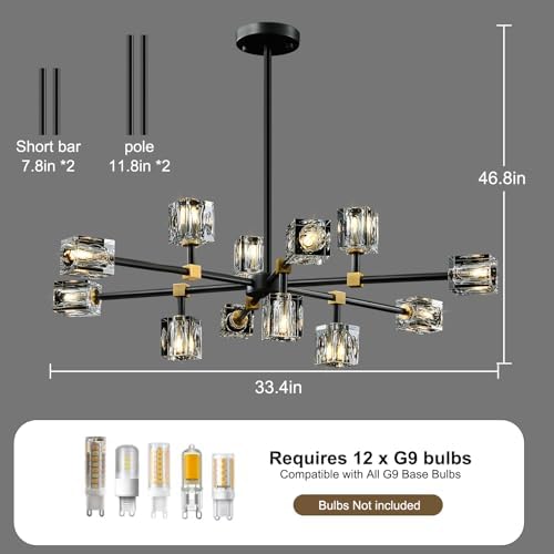 Modern Sputnik Crystal Chandelier:Black and Gold Dining Room Entryway Light - Image 2