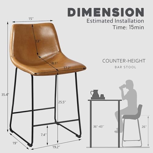 Waleaf 26 Inch Counter Height Bar Stools Set of 3, Faux Leather Bar Chairs - Image 2