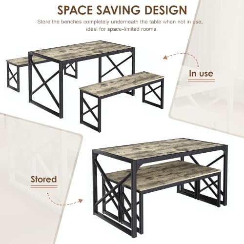 VECELO 55” Kitchen Dining Table Set for 4, Heavy-Duty Steel Frame & Wood-Grain Tabletop, Space-Saving Dinette Sets with 2 Benches for Breakfast Nook and Small Space, Grey - Image 5