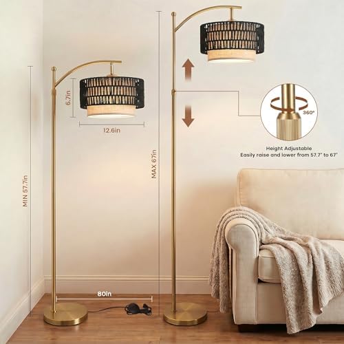 Arc Floor Lamp for Living Room with Remote, 57.5"-67" Height Adjust Dimmable Bulb Floor Lamps with 3 Color Temps, Boho Standing Lamp with Rattan & Fabric Shades, Farmhouse Tall Lamp for Bedroom Corner - Image 5