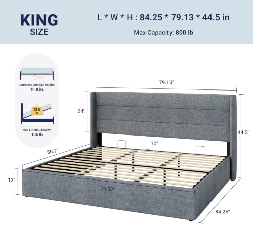 Allewie King Size Lift Up Hydraulic Storage Bed Frame Blue Grey - Image 2