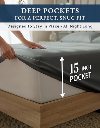 LANE LINEN Cooling Sheets Full 100% Egyptian Cotton Sateen - Charcoal - Image 6