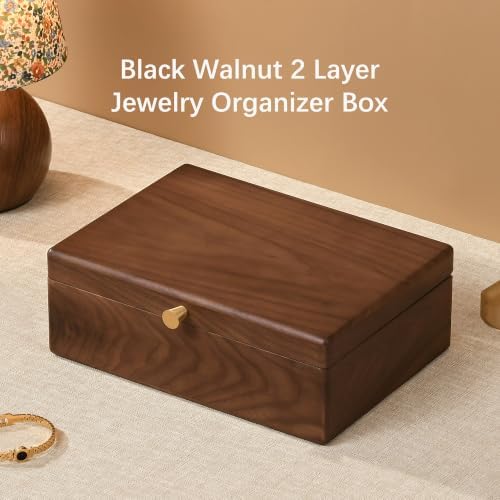 Black Walnut Wooden Jewelry Box, 2 Layer Necklace Organizer Case for Women - Image 3
