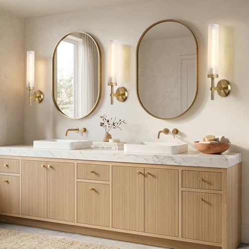 20" Knurled Brass Bathroom Wall Sconces,Frosted Glass Tube Brass Sconces Wall Lighting,Handmade Modern Hardwired Wall Sconce for Vanity,Mirror,Bedroom,Living Room,Hallway - Image 3